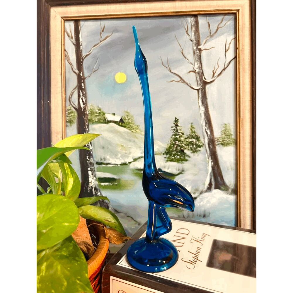 Vintage Mid-Century Viking Art Glass Blue Egret / Heron / Crane Bird Figurine